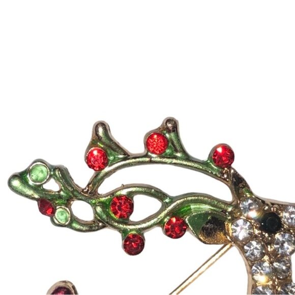 NEW Sparkling RHINESTONE Flying Reindeer CHRISTMAS Brooch With Red Accents - Picture 4 of 9